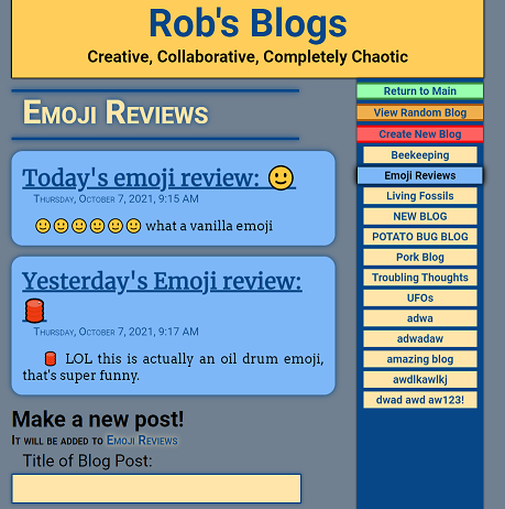 Front Page of my Robs Blogs website, showing the emoji review blog