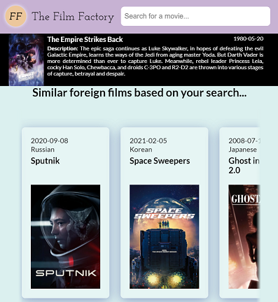 Front page of the Film Factory website, showing a search for Harry Potter and it's results